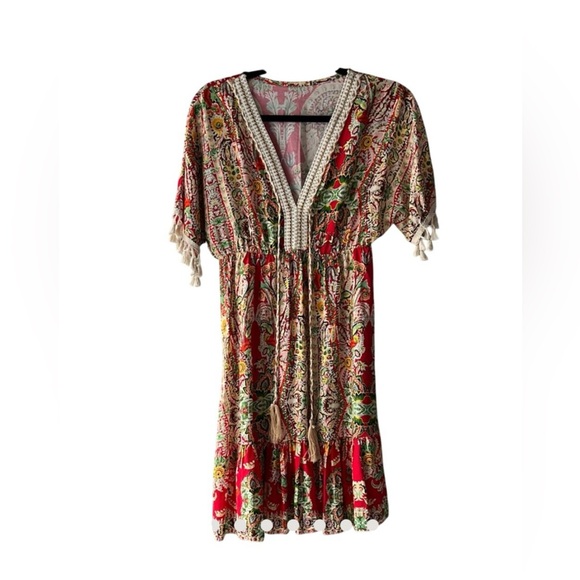 Dresses & Skirts - Floral Bohemian Dress with Red Green Accents Made in Italy 100% Viscose SM EUC